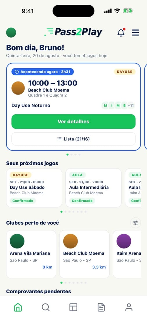 Tela inicial do app do jogador com o próximo evento.
