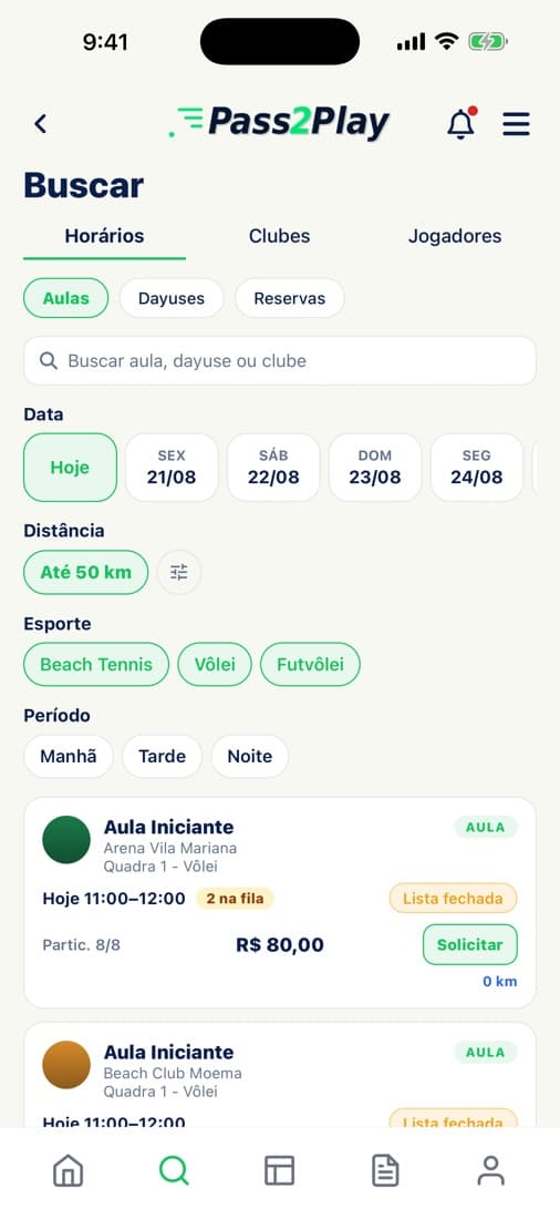 Busca de horários no app do jogador.