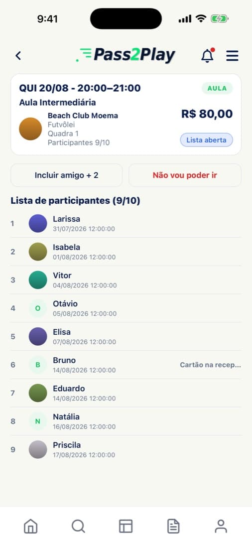 Detalhe do evento com a lista de participantes no app do jogador.